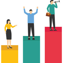 companies engaged in joint column chart construction, career rise to success, flat color icon, business analysis vector, business graph vector creative illustration.