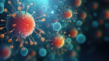 Obraz premium Digital illustration of virus particles in high detail, showcasing spikes on the viral envelope with a dramatic, dark background.