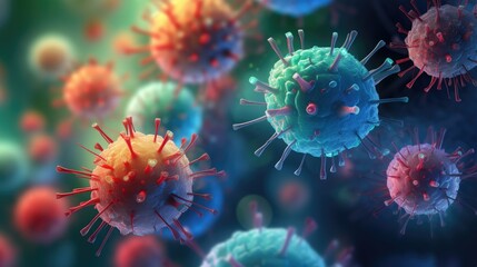 Digital illustration of virus particles in high detail, showcasing spikes on the viral envelope with a dramatic, dark background.