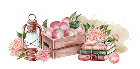 Watercolor composition of an oil lantern, a wooden box filled with apples, stacks of tied books and scattered pink flowers. Illustration for vintage cards and scrapbooking