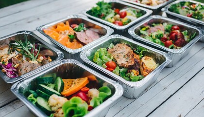 Close up of tasty food in foil containers. Meal with vegetables, meat and greens. Balanced and...