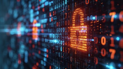 Cybersecurity concept represented by a glowing digital lock on an intricate electronic circuit board with binary code.