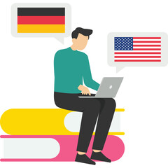 concepts of distance learning, online learning, choice of language course, exam preparation, home school, online foreign language course. Flat vector creative illustration on white background