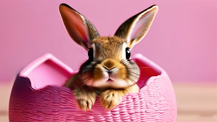 White Easter bunny hatched from pink egg on pink background Easter Holiday Concept
