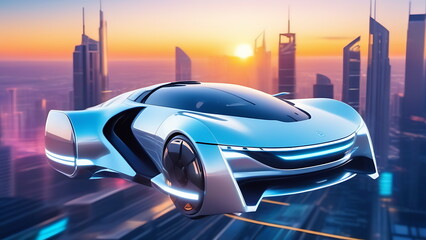 Single seat flying car at sunset in the city