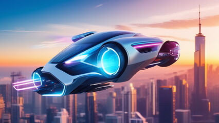 Blurred car in flight in the sky with neon lights at sunset