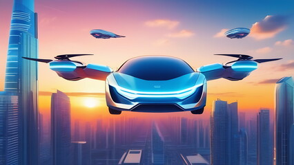 A car with wings and propellers flies in the sky at sunset