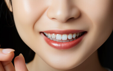 Fototapeta premium Professional illustration of a Japanese woman showing her teeth, ultra-realistic, accurate facial features, intricate details, and modern dentistry.