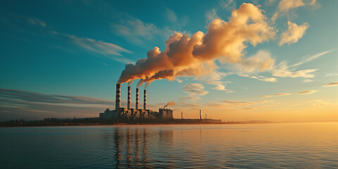 coal power plant high pipes with black smoke moving up polluting atmosphere at sunset . generative...