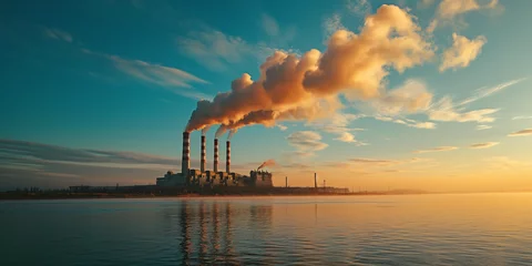 Fotobehang coal power plant high pipes with black smoke moving up polluting atmosphere at sunset . generative AI © Nim