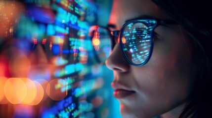 Woman wears glasses working on computer looking at programming code which reflecting in glasses