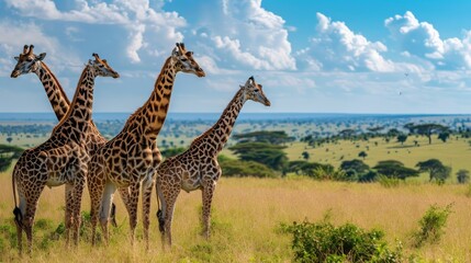 Four giraffe standing together in the wild park