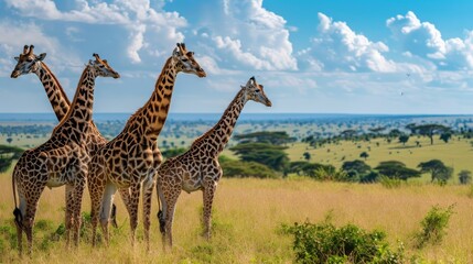 Obraz premium Four giraffe standing together in the wild park