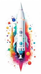 A white rocket with colorful spots on it, colorful clipart on white background.