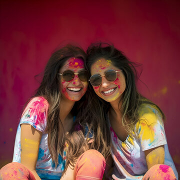 portrait of young female friends covered with colorful Holi powder celebrating Holi party festival
