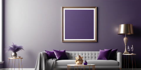 A Regal Affair: Luxurious Living Room Splendor with Blank Frames in Royal Purple, Silver Gray, and Champagne Gold - Low Angle Brilliance