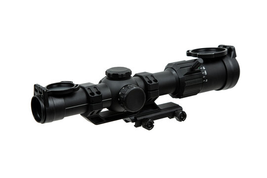 Modern sniper scope on a white back. Optical device for aiming and shooting at long distances.