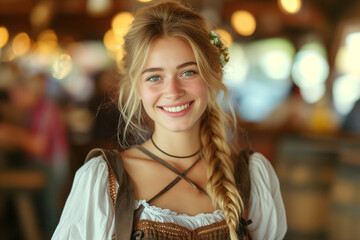 Beauty blonde woman wearing traditional German clothes at Oktoberfest