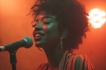 Black woman singing on a stage