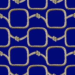 Seamless pattern watercolor Rope with knot square border. Ropes, rounded borders, decorative of marine cable frame. Endless loop twisted hand drawn illustration. Nautical knot on navy background.