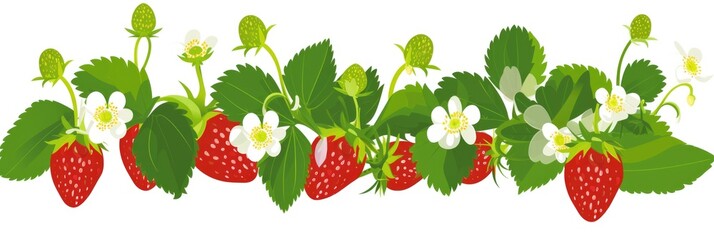 A row of strawberries with leaves and flowers.