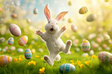 Fototapeta na wymiar Celebrate Easter with joy and fun as an adorable bunny surrounded by a plethora of vibrant Easter eggs, nestled in a scene of lush grass and blooming flowers, creating a cute and fun spring atmosphere
