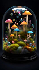 Mushroom Terrarium with colorful bubbles 