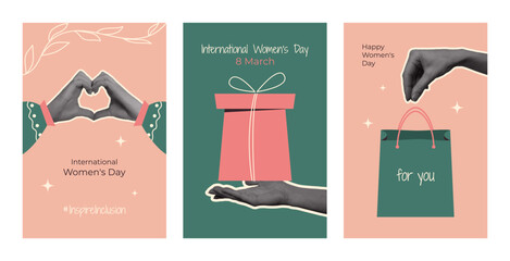 InspireInclusion Halftone Collage poster for Social media poster in 2024. International Women day postcard with paper cut Hands making Heart, gift box. Trendy pop art greeting Card Inspire Inclusion