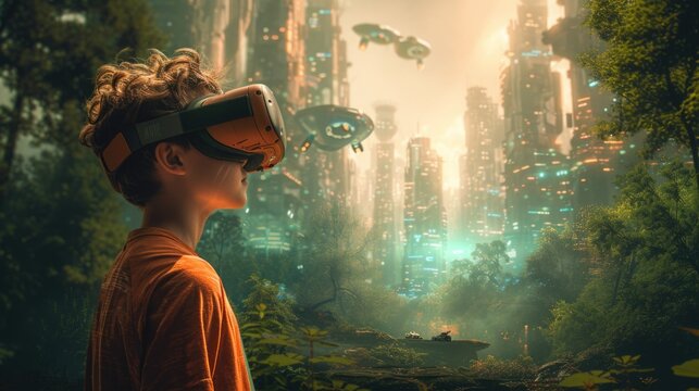 A boy with virtual reality glasses stands in a park. The scenery around him transforms into a futuristic cityscape, showcasing the world as the boy perceives it through his VR glasses.