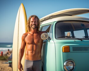 Portrait of shirtless man standing with surfboard and van at beach. Sport concept. Vacation and Travel Concept with Copy Space. - obrazy, fototapety, plakaty