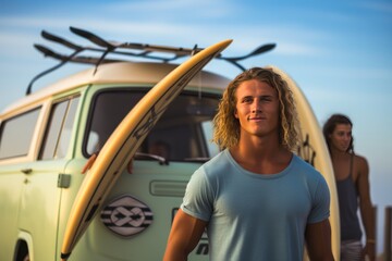 Portrait of a young man standing with surfboard in front of his van. Sport concept. Vacation and Travel Concept with Copy Space.