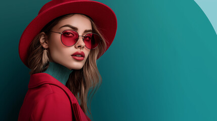 portrait of a woman in red with sea-green background Perfect for Fashion Brand Social Media Banner, Online Fashion Website Cover
