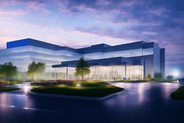 Modern office building on the road at night. 3d rendering.