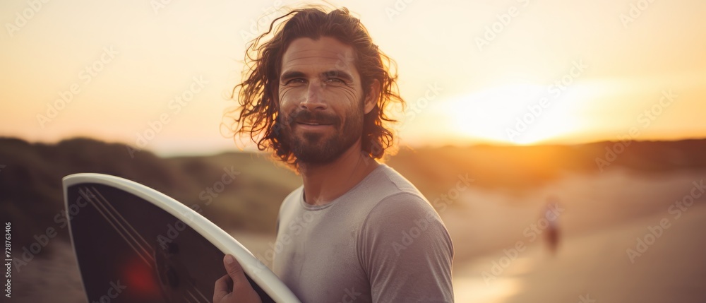 Wall mural Portrait of a young man with surfboard on the beach at sunset. Sport concept. Vacation and Travel Concept with Copy Space.