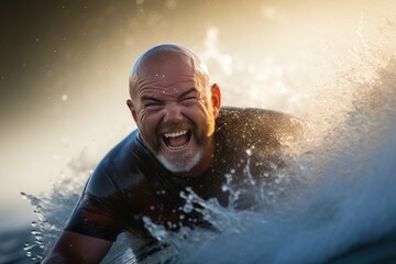 Portrait of happy senior man in wetsuit with surfboard. Sport concept. Vacation and Travel Concept with Copy Space. - obrazy, fototapety, plakaty
