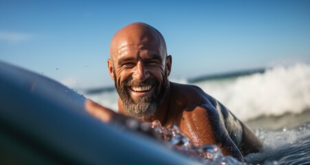 Portrait of smiling senior man with surfboard in ocean on a sunny day. Sport concept. Vacation and...