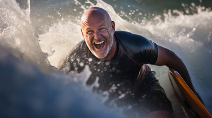 Portrait of happy senior man in wetsuit with surfboard. Sport concept. Vacation and Travel Concept with Copy Space.