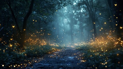 A magical forest scene with fireflies, conveying the enchantment of a secret rendezvous - obrazy, fototapety, plakaty