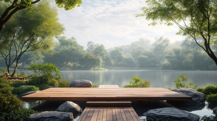 A minimalistic wooden stage harmonizing with a serene riverside scene
