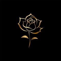 Golden rose on a black background, vector illustration. Logo, icon, flower in line style