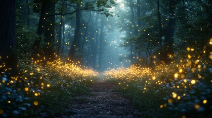 Obraz premium A magical forest scene with fireflies, conveying the enchantment of a secret rendezvous