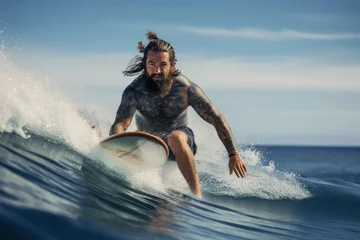 Gordijnen Tattooed man surfing on a surfboard in the ocean. Sport concept. Vacation and Travel Concept with Copy Space. © John Martin