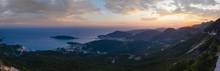 Budva riviera sunset coastline. Montenegro, Balkans, Adriatic sea.