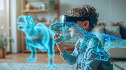 A child wearing virtual reality glasses is in the living room. translucent dinosaurs, as if we are viewing the room through the boy's eyes as he looks through the VR glasses