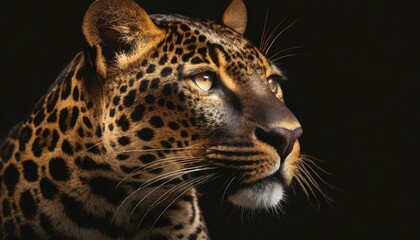  head profile closeup of spotted black golden panther isolated on black background