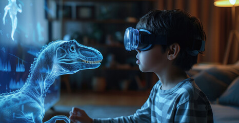 A child wearing virtual reality glasses is in the living room. translucent dinosaurs, as if we are...