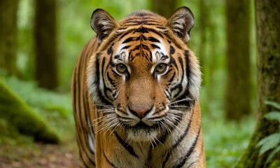 Majestic tiger roaming through the lush forest