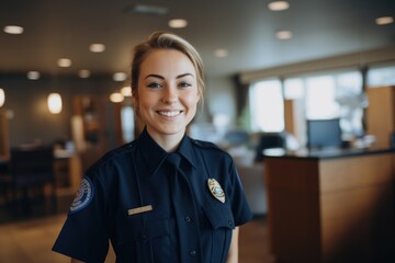 Smiling portrait of a young female police officer at station