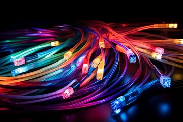 Bundled optical fibre glowing optic Colorful cables. Internet and high speed data transmission