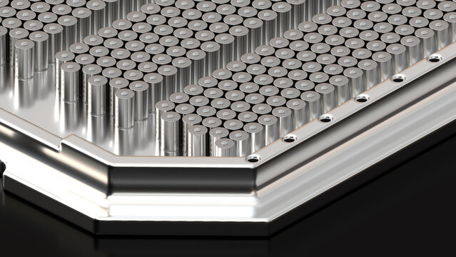 Lithium-ion 4680 Tesla battery array, High-capacity li-ion accumulator cell modules on metal platform, Innovations in Energy Storage, 3d render, High Tech Automotive Technology, Elon Musk company